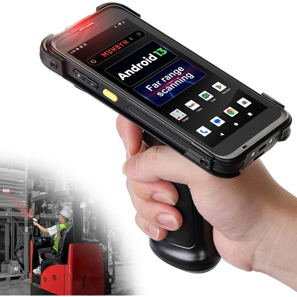 image:imageMUNBYN FarRange Distances Bar Code Scanner Android 13 WiFi6 Handheld Mobile Scanner with Pistol Grip Equipped with Honeywell N6803FR Engine 55 BT GPS 1D2DQR LongDistance Scanning Needs