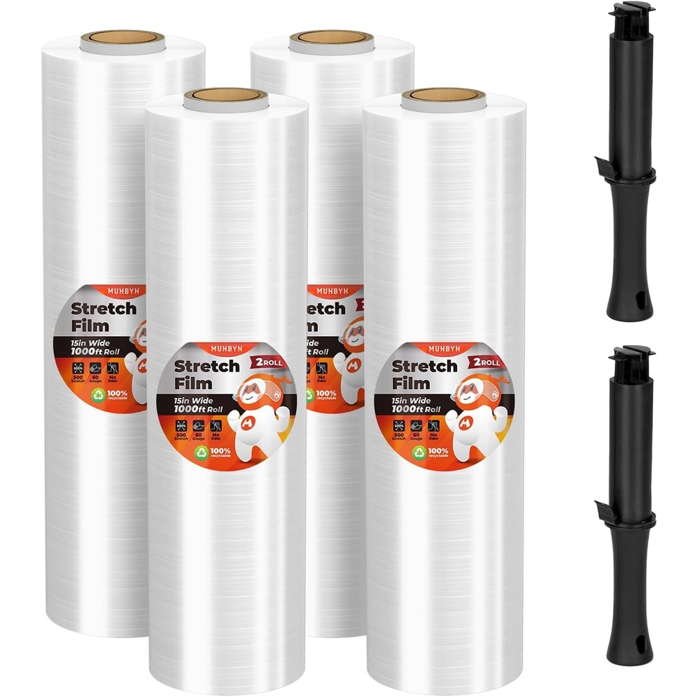 image:imageMUNBYN Shrink Wrap Stretch Wrap with Handles Stretch Film Roll Industrial Strength Plastic Wrap for Pallet Wrapping Shipping Moving 15 Inch x 1000 Ft 4 Pack 60 Gauge4