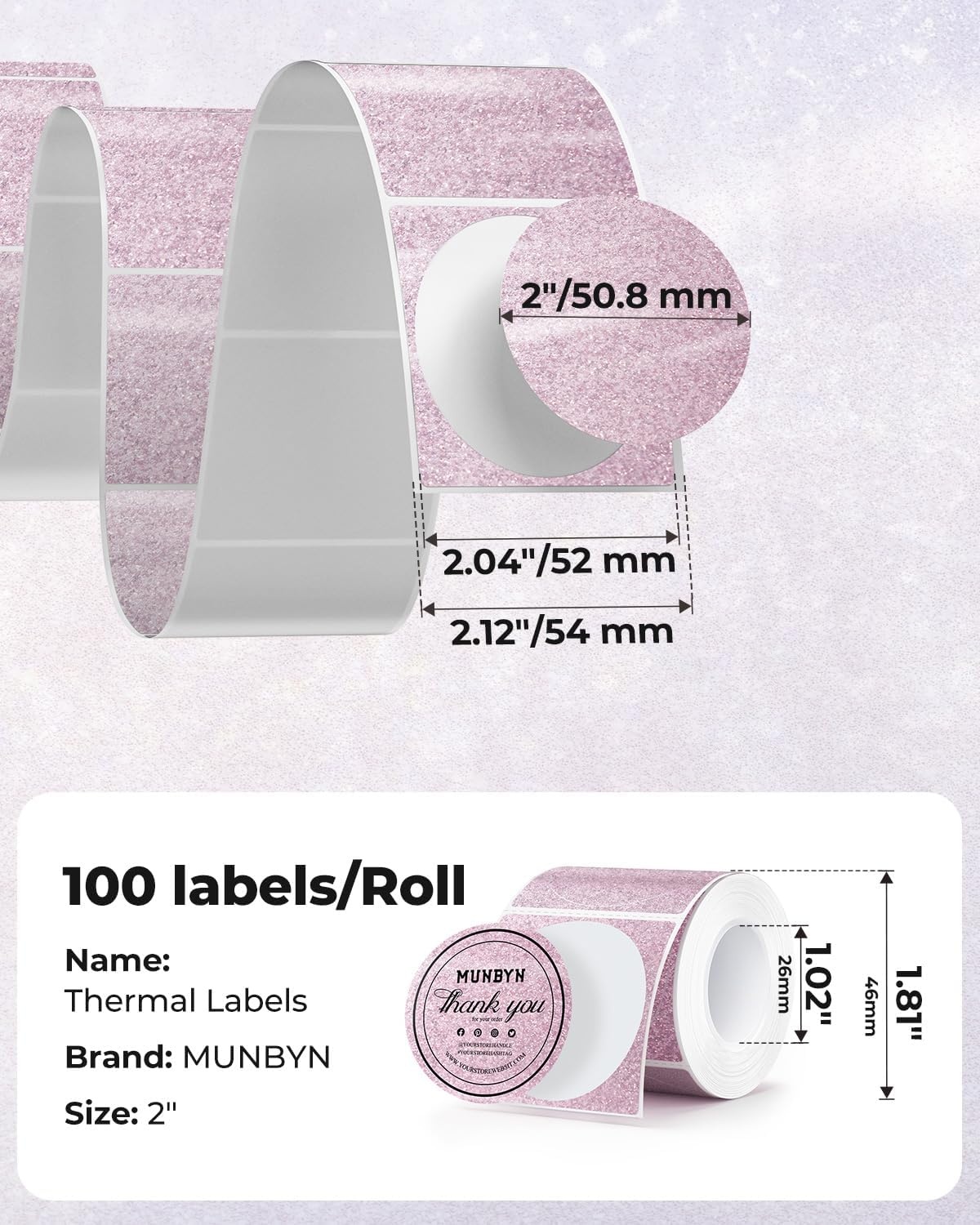 image:imageMUNBYN 2 Inch Gold Glitter Thermal Labels Round Thermal Printer Labels for Baking Candle Food 100 Sheets1 RollRose Gold