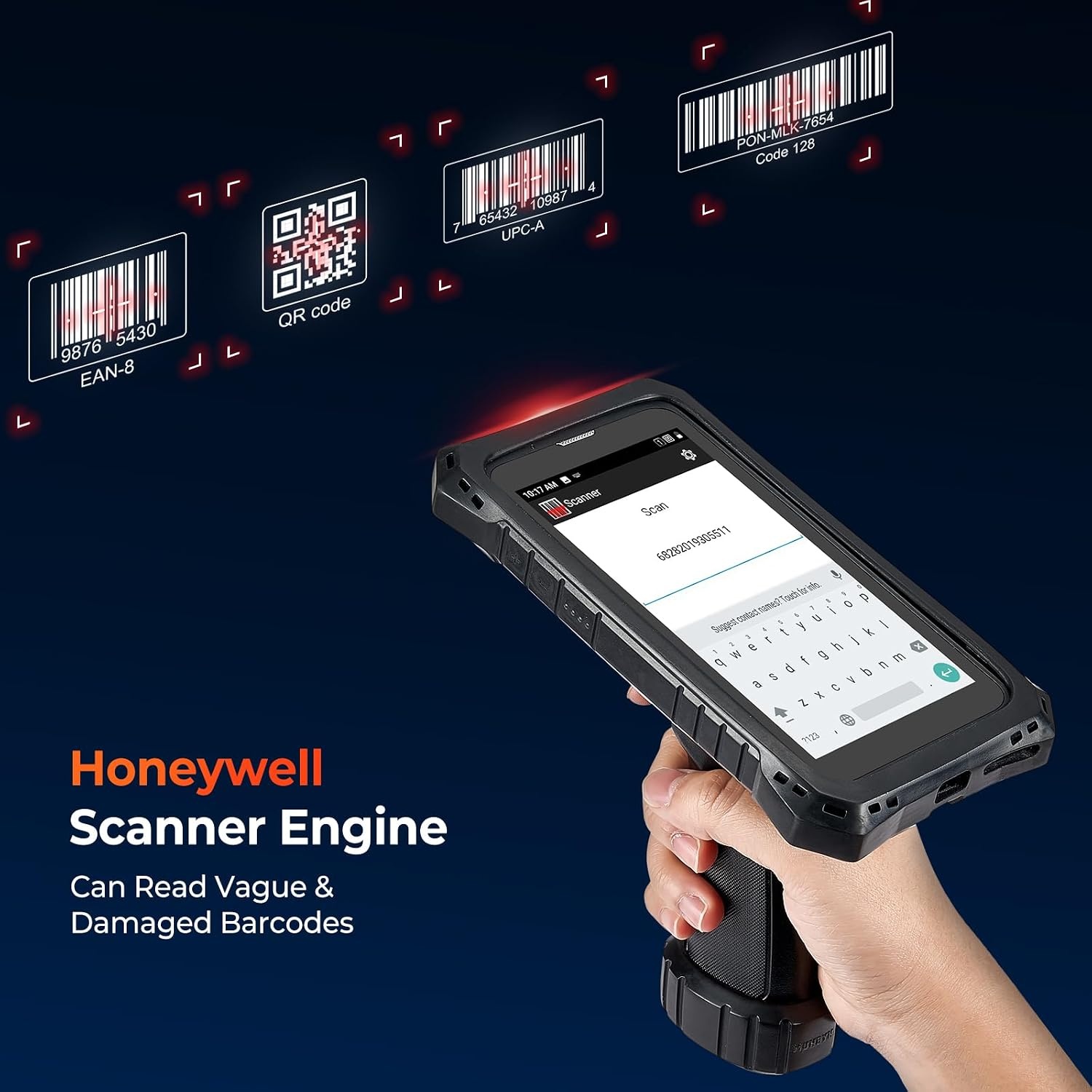 image:imageMUNBYN 2024 Android Barcode Scanner with Pistol Grip Equip with Honeywell N6703 Scanner Engine 55 Screen Android 11 Wireless Mobile Computer Handheld 464GB Inventory Scanner with Software