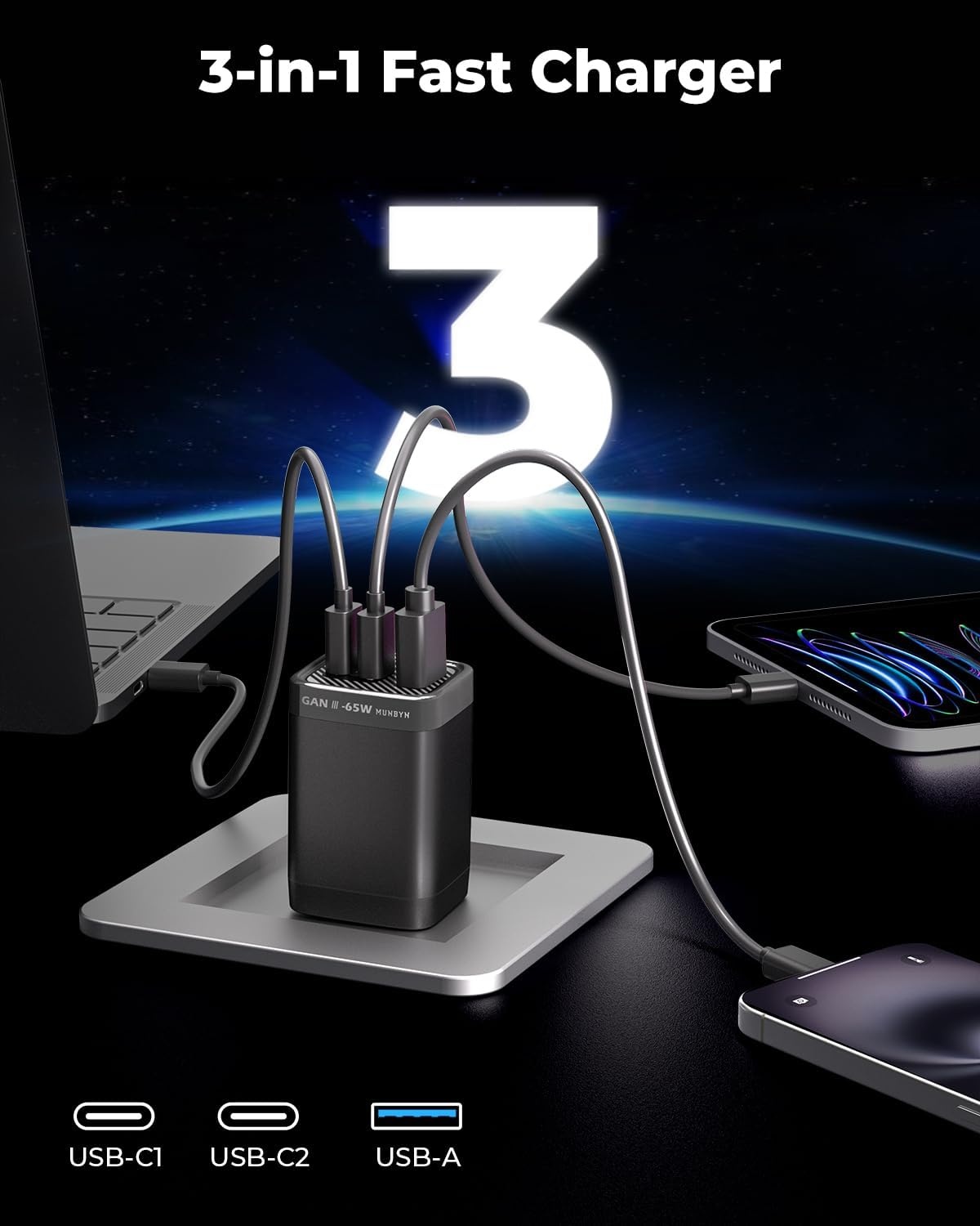 image:imageMUNBYN NexGo 65W GaN III USB C Charger Block Compact 3Port Fast Charger for MacBook Pro iPhone 171615 Series iPad Galaxy S25S24 Foldable amp TravelFriendly 33 Ft Cable Included
