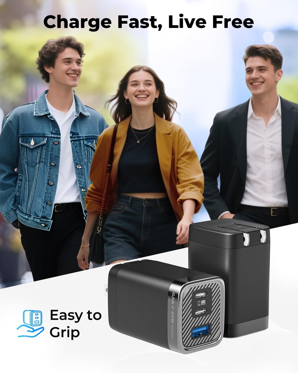image:imageMUNBYN NexGo 65W GaN III USB C Charger Block Compact 3Port Fast Charger for MacBook Pro iPhone 171615 Series iPad Galaxy S25S24 Foldable amp TravelFriendly 33 Ft Cable Included