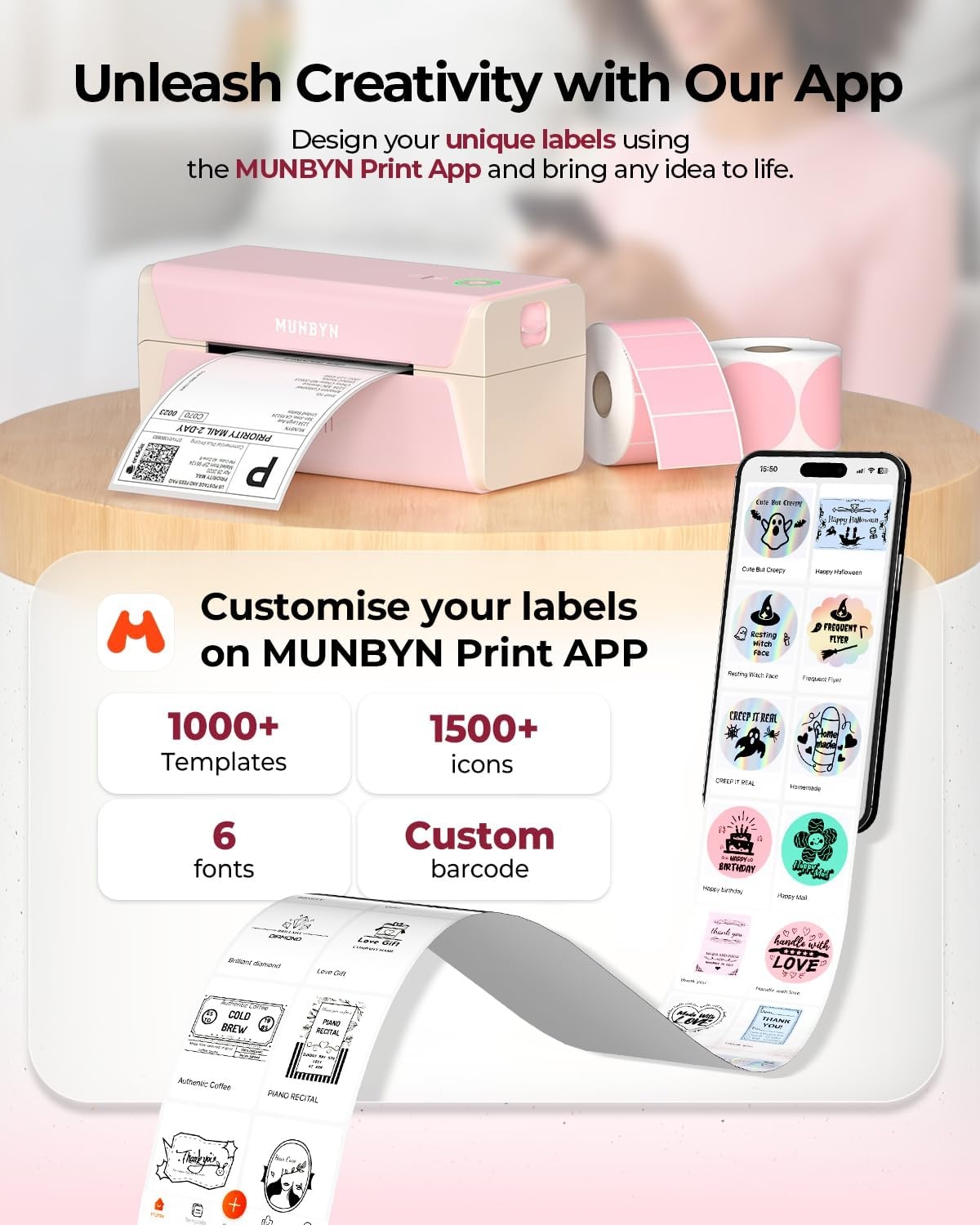 image:imageMUNBYN Pink Wireless Label Printer 300DPI RW401AP WiFi Thermal Printer AirPrint Connectivity DriverFree Compatible with iPhone iPad Mac Work with 4x6 Shipping Labels for Windows Android