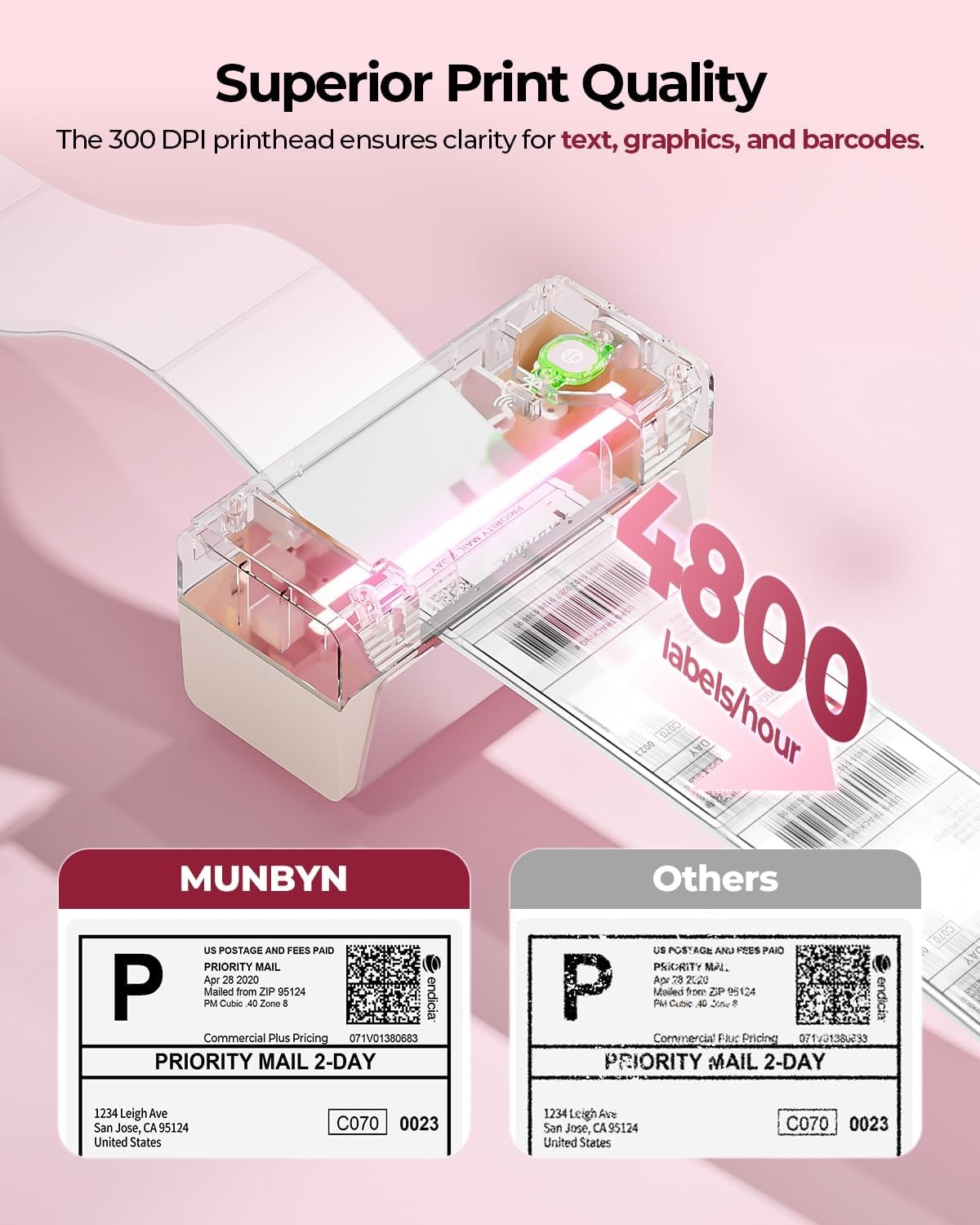 image:imageMUNBYN Pink Wireless Label Printer 300DPI RW401AP WiFi Thermal Printer AirPrint Connectivity DriverFree Compatible with iPhone iPad Mac Work with 4x6 Shipping Labels for Windows Android