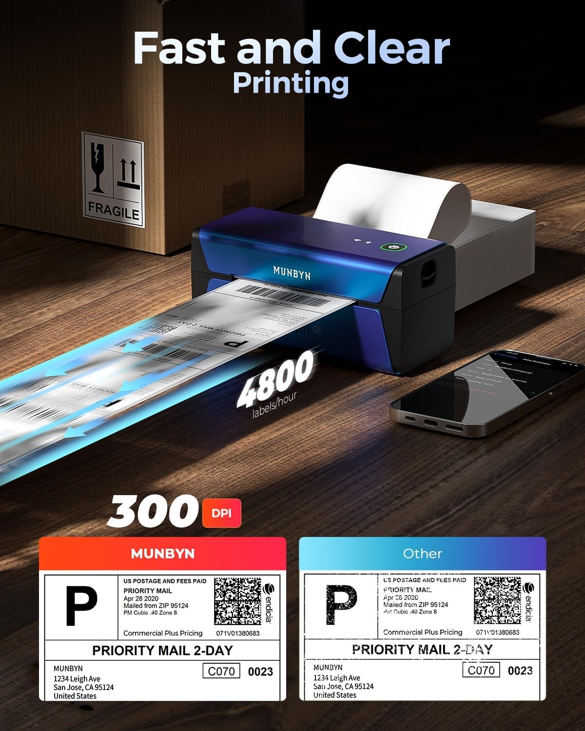 image:imageMUNBYN Wireless Label Printer 300DPI RW401AP WiFi Thermal Printer AirPrint Connectivity DriverFree Compatible with iPhone iPad Mac Work with 4x6 Labels for Windows Android