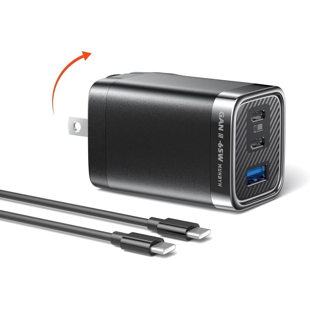 image:imageMUNBYN NexGo 65W GaN III USB C Charger Block Compact 3Port Fast Charger for MacBook Pro iPhone 171615 Series iPad Galaxy S25S24 Foldable amp TravelFriendly 33 Ft Cable Included