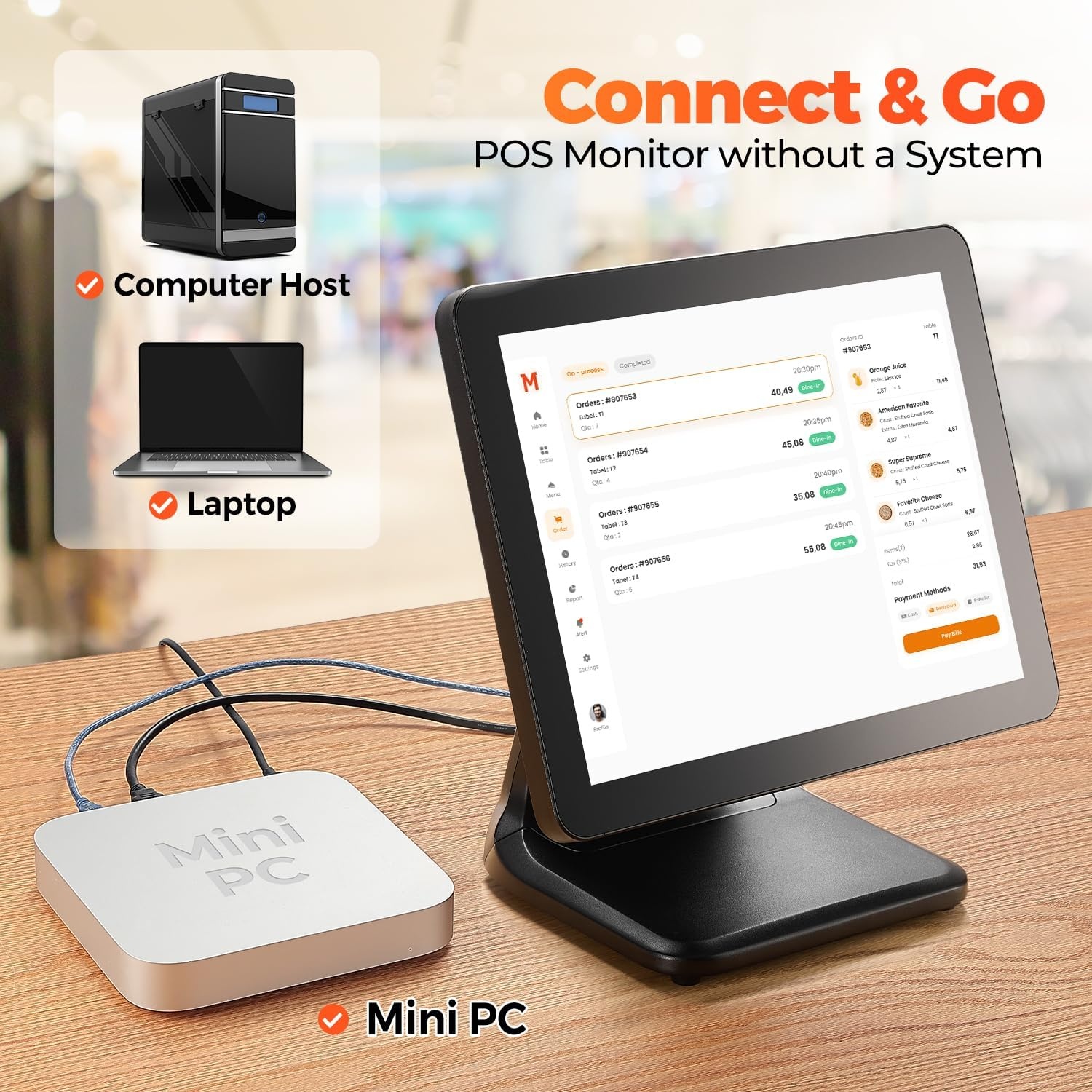 image:imageMUNBYN 15inch POS Touch Screen Monitor True Flat Seamless POS Monitor HeavyDuty Metal Stand HDMIVGA Capacitive Screen Display for Retail Restaurant Bar No Driver Required 2Y Protection