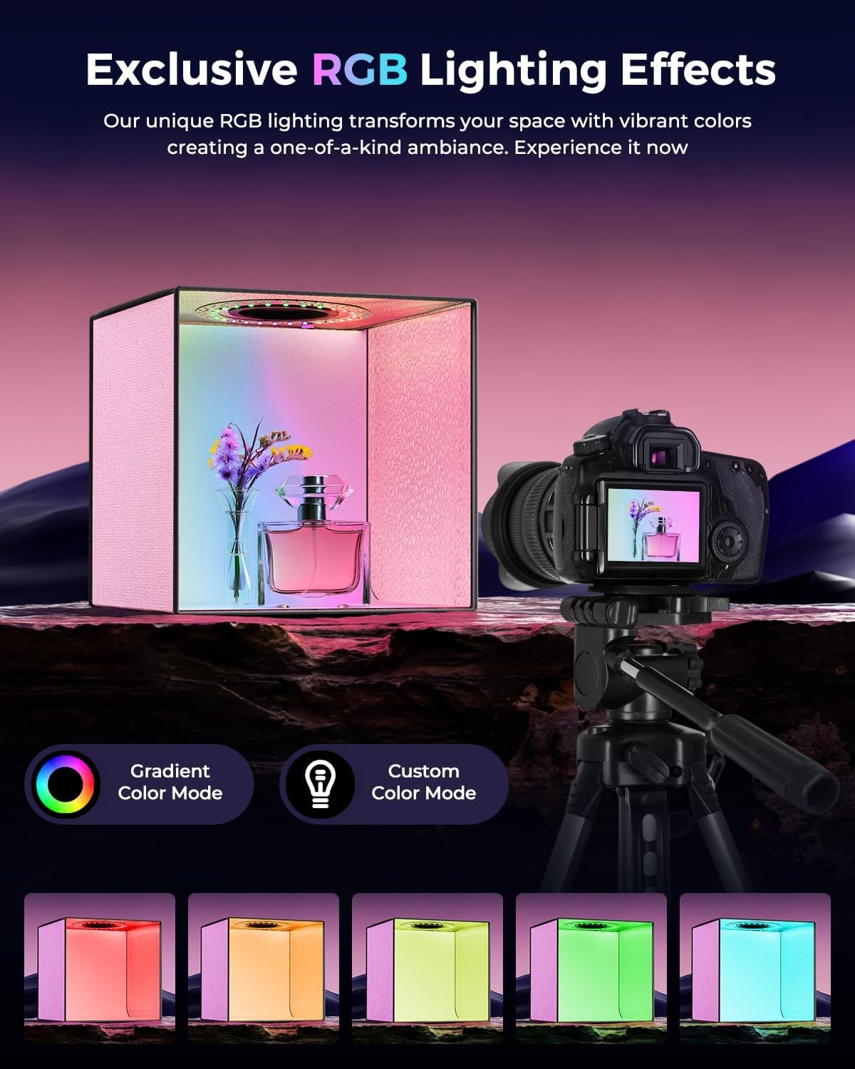 image:imageMUNBYN Light Box Photography Portable Photo Studio Box 12 x 12 Pink Professional Photo Tent Kit with 6Color RGB LED Lights 6 Photography Backdrops for Jewelry and Small Products