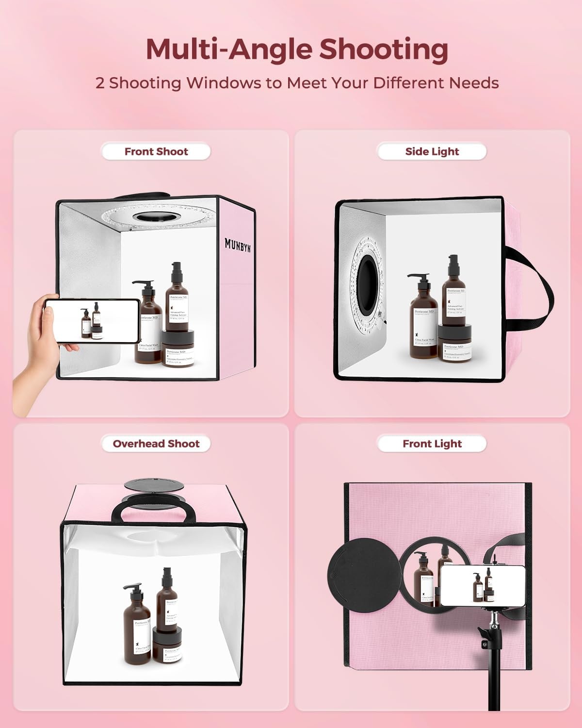 image:imageMUNBYN Light Box Photography Portable Photo Studio Box 12 x 12 Pink Professional Photo Tent Kit with 6Color RGB LED Lights 6 Photography Backdrops for Jewelry and Small Products