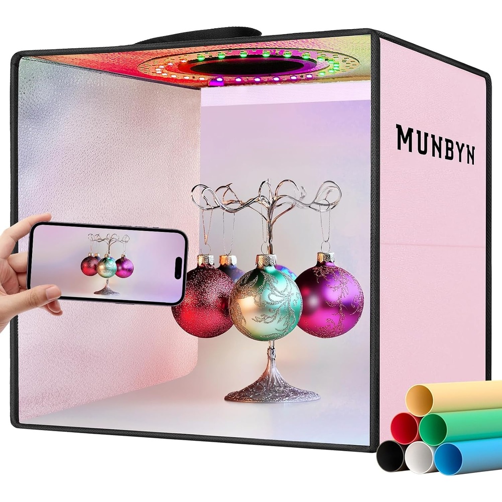 image:imageMUNBYN Light Box Photography Portable Photo Studio Box 12 x 12 Pink Professional Photo Tent Kit with 6Color RGB LED Lights 6 Photography Backdrops for Jewelry and Small Products
