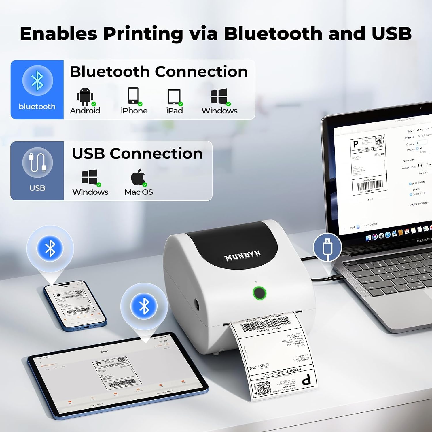image:imageMUNBYN 411B Shipping Label Printer 4x6 Bluetooth Thermal Label Printer for Shipping Packages or Small Business Compatible with iPhone Android iPad Windows macOS Supports Etsy UPS USPS