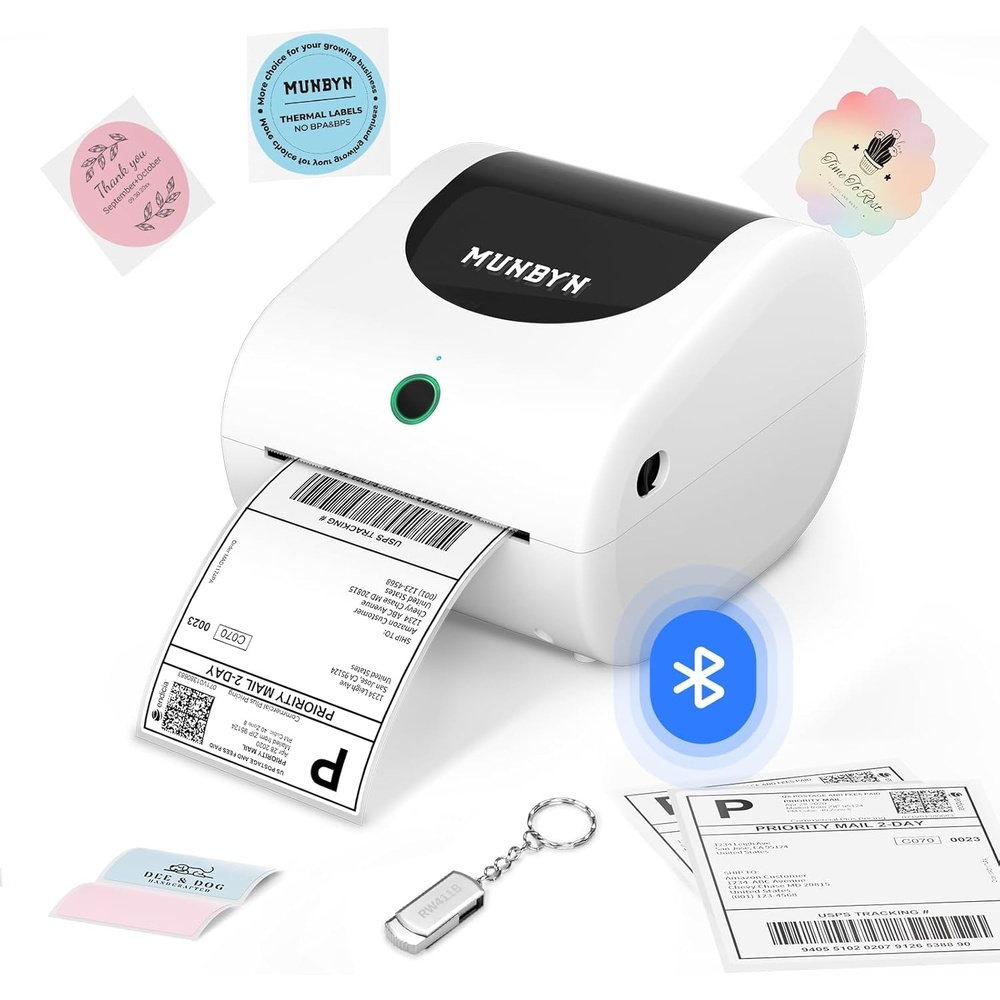 image:imageMUNBYN 411B Shipping Label Printer 4x6 Bluetooth Thermal Label Printer for Shipping Packages or Small Business Compatible with iPhone Android iPad Windows macOS Supports Etsy UPS USPS