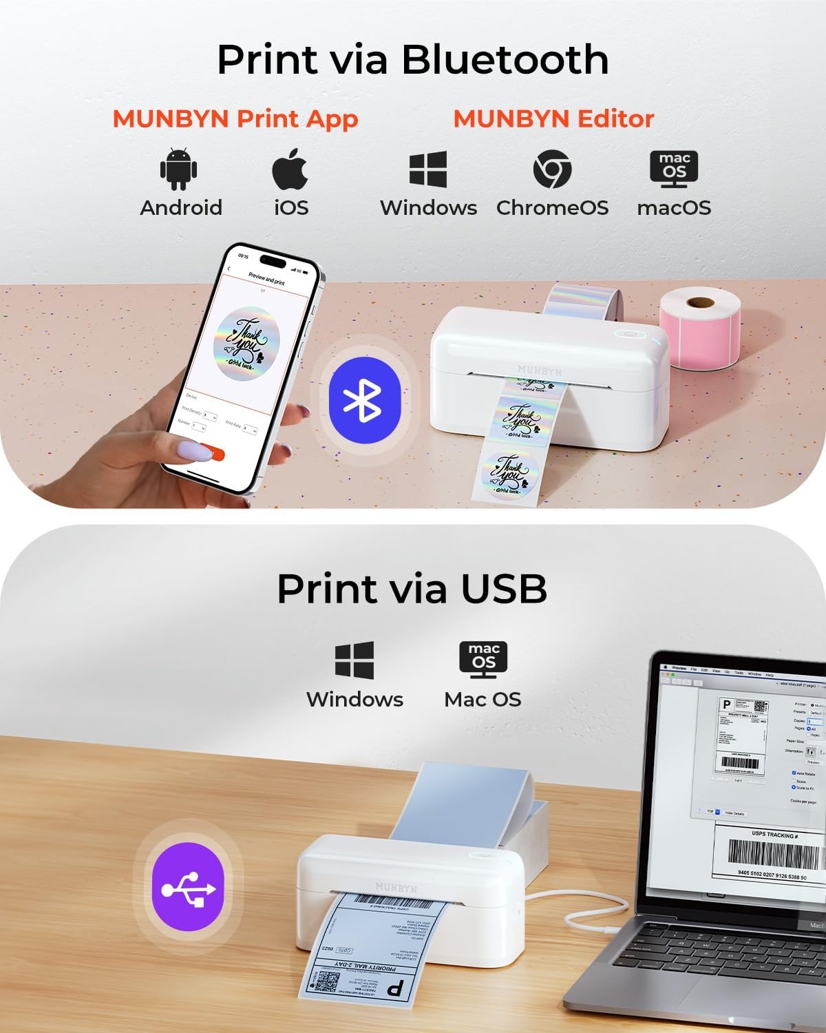 image:imageMUNBYN RW402B Bluetooth Thermal Label Printer2 Inch Circle Thermal Sticker LabelsWhite Label Holder