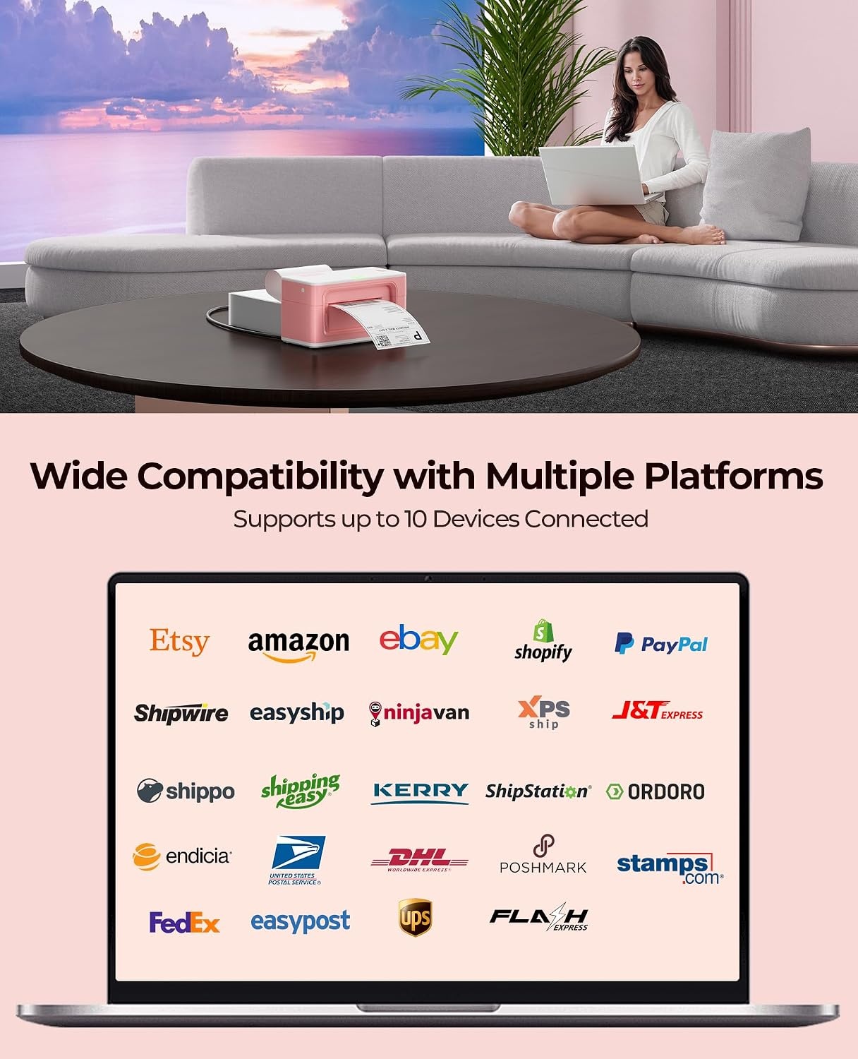 image:imageMUNBYN Wireless Thermal Printer WiFi Shipping Label Printer Compatible with AirPrint iPhone iPad macOS Android Windows Chromebook Etsy Ebay USPS for Small Business Home UsePink
