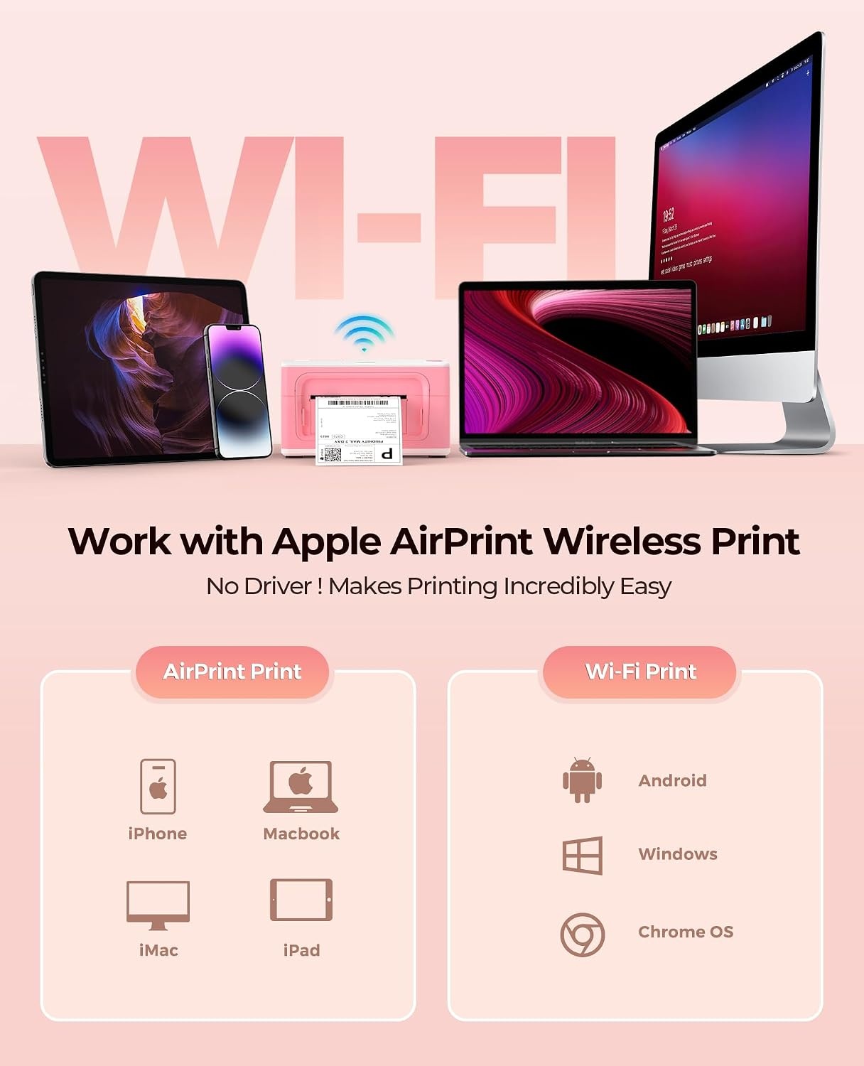 image:imageMUNBYN Wireless Thermal Printer WiFi Shipping Label Printer Compatible with AirPrint iPhone iPad macOS Android Windows Chromebook Etsy Ebay USPS for Small Business Home UsePink